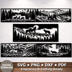 Puede incluir: Colección de cinco piezas de arte mural de metal negro con escenas de la naturaleza. Los diseños incluyen ciervos en un bosque, un oso en un paisaje montañoso, lobos aullando a la luna, una escena de bosque con ciervos y un lobo solitario. El texto "DESCARGA DIGITAL" y opciones de tipo de archivo son visibles.