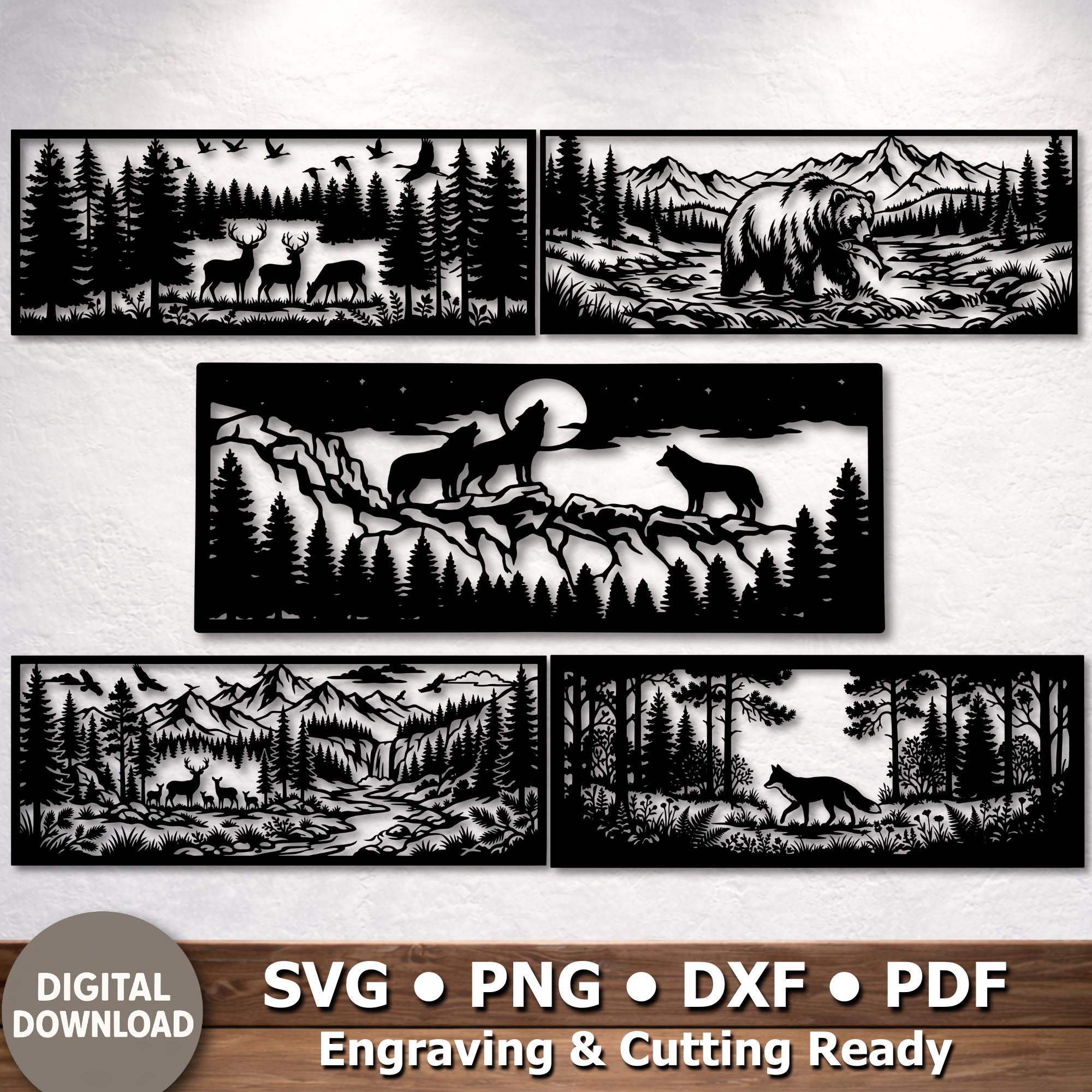 Forest Scene & Wildlife Panels DXF SVG, Deer Nature Designs for Fences ...