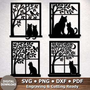 Puede incluir: Cuatro piezas de arte mural cortadas con láser en negro. Cada una presenta un diseño de ventana con un árbol, pájaros y gatos. Un logotipo de descarga digital está en la esquina inferior izquierda. El texto "SVG • PNG • DXF • PDF Engraving & Cutting Ready" está debajo.