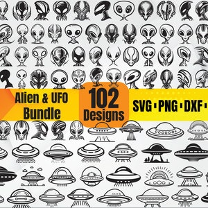 May include: A collection of 102 alien and UFO designs in black and white. The image includes various alien head illustrations and UFO spacecraft designs. Text on the image reads "Alien & UFO Bundle" and "102 Designs" with file type options: SVG, PNG, DXF, and EPS.