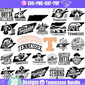 Lot Tennessee SVG avec 30 modèles uniques pour Cricut, carte de l'État du Tennessee, tout droit sorti de Nashville, guitare, ours, cabane et racines