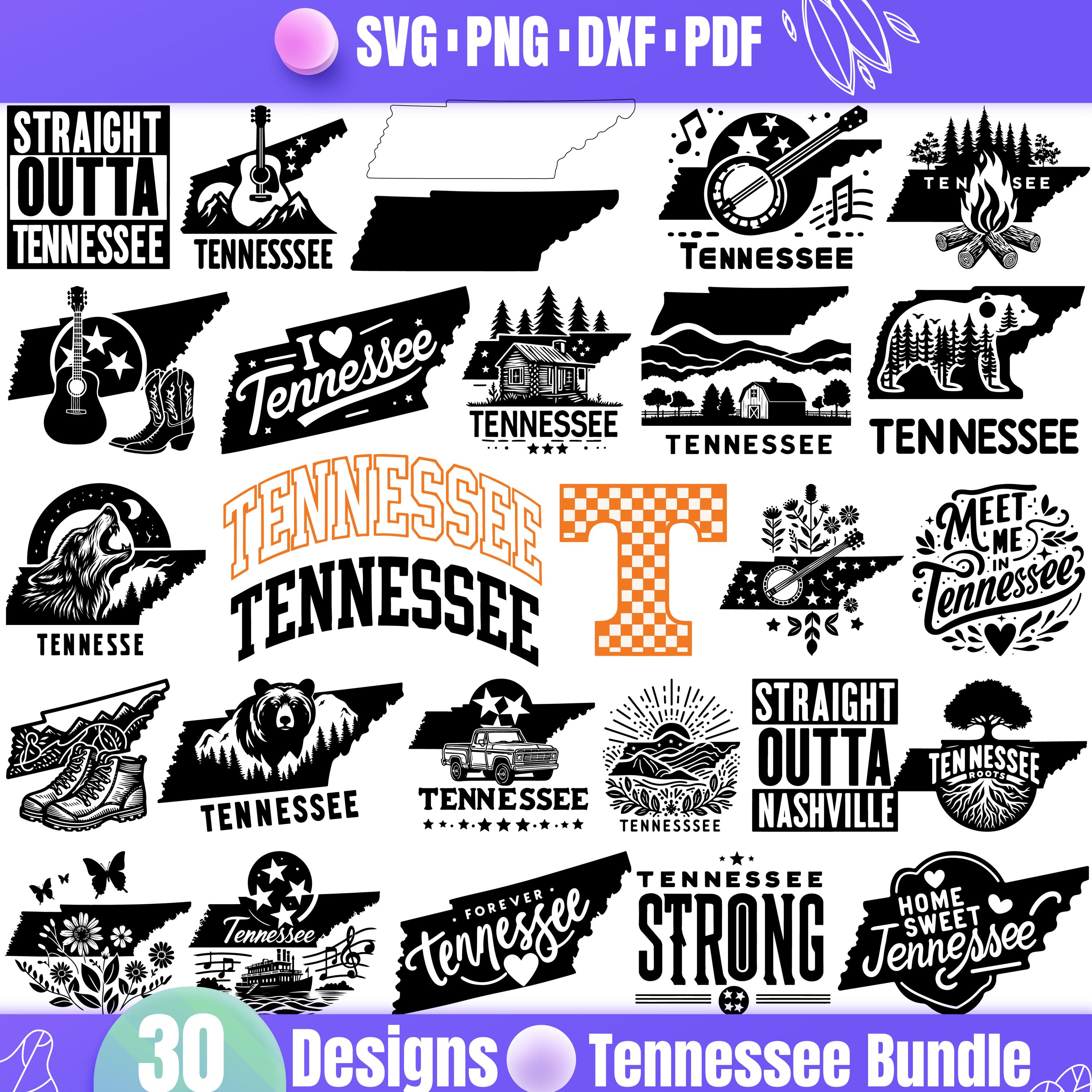 Tennessee SVG Bundle with 30 Unique Designs for Cricut , Tennessee State Map, Straight Outta Nashville,Guitar, Bear, Cabin and Roots