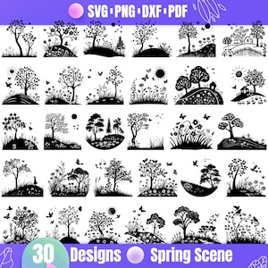 Könnte beinhalten: Ein Set mit 30 Schwarzweiß-Silhouetten-Designs mit Frühlingsszenen mit Bäumen, Blumen, Schmetterlingen und Häusern. Die Designs sind perfekt für Basteln, Scrapbooking und andere kreative Projekte.