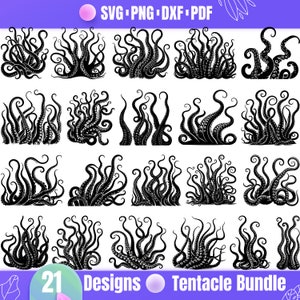 Puede incluir: Un conjunto de 21 ilustraciones vectoriales en blanco y negro de tentáculos. Los tentáculos están dispuestos en varias formas y tamaños, creando una sensación de movimiento y caos. Las ilustraciones son perfectas para usar en diseño gráfico, diseño web y otros proyectos creativos.
