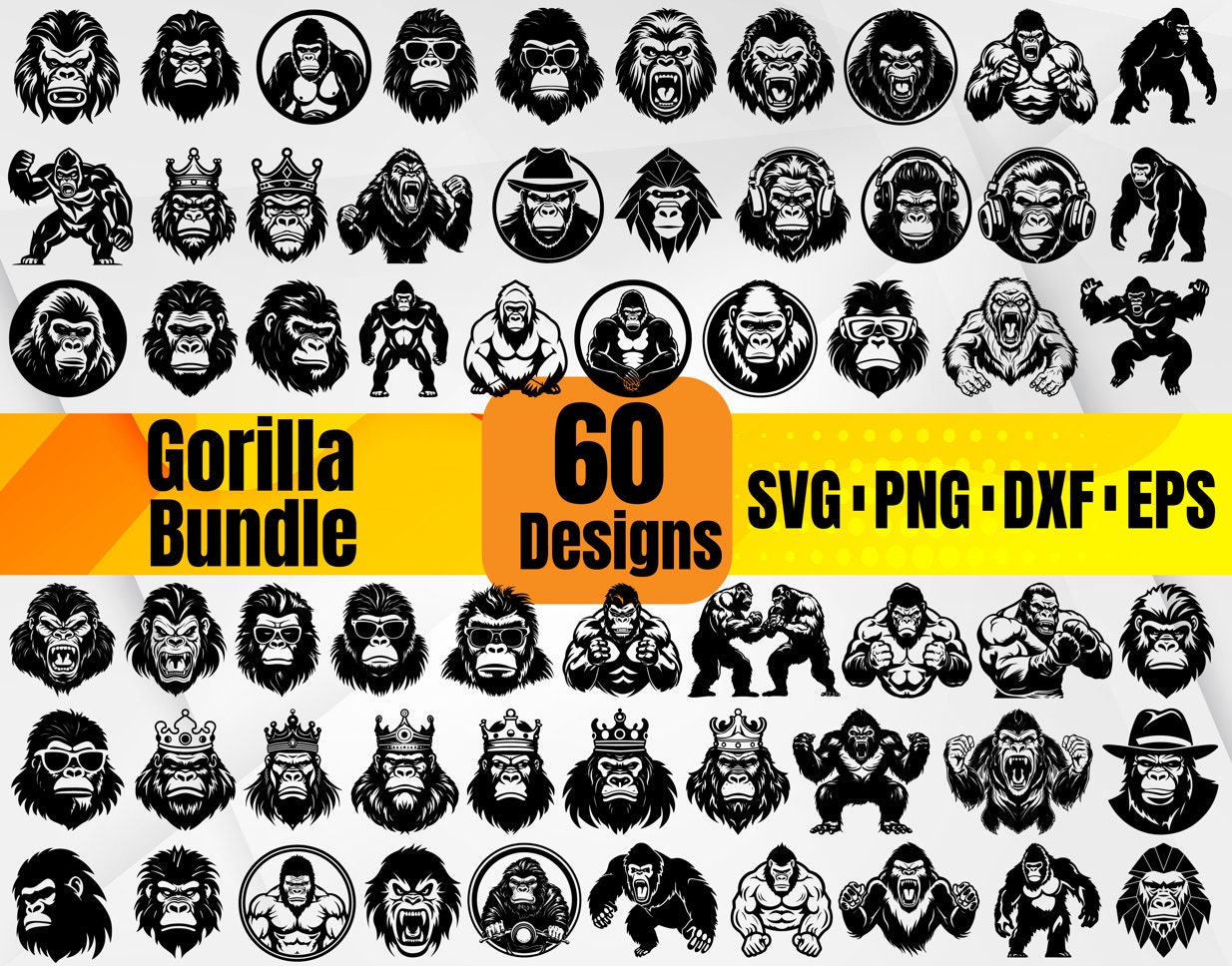 High Quality Gorilla SVG Bundle, Gorilla Head svg, Gorilla monogram, Gorilla dxf,Gorilla png, Gorilla in Glasses svg, Gorilla Gym svg