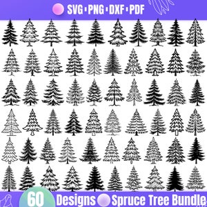 May include: A set of 60 black and white spruce tree illustrations. The trees are in various shapes and sizes, and are perfect for crafting projects.