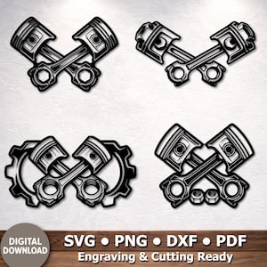 Puede incluir: Descarga digital en blanco y negro con cuatro diseños de pistones cruzados. Los diseños incluyen pistones con bielas, engranajes y tuercas. Se muestra el texto "SVG • PNG • DXF • PDF".