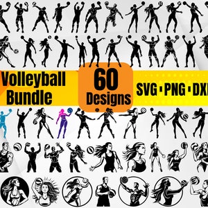 60 volleybalbundel SVG | Silhouetten en poses volleybalspeler | Digitale sportclipart voor Cricut en Silhouette