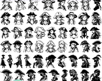 50 Pirate Girl SVG Bundle, Female Pirate Clipart, Woman Pirate Portrait Vector, Nautical Silhouette PNG, Pirate Queen SVG for Cricut