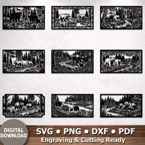 Björnfamilj skogsscen Svg Dxf-paket, Grizzlybjörn och mammabjörnsilhuett för laserskärning, naturpanel för Glowforge