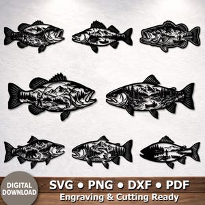 Peut inclure: Décoration murale en métal noir représentant des poissons avec des scènes détaillées de montagnes et de forêts à l'intérieur de chaque poisson. L'image comprend le texte "TÉLÉCHARGEMENT NUMÉRIQUE" et les options de type de fichier : SVG, PNG, DXF et PDF.