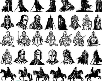 35 Crusader Knight SVG Bundle, Medieval Warrior Silhouette for Laser Cut, Templar Portrait Clipart for Glowforge, Knight on Horse Engraving