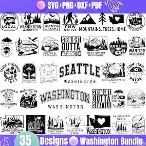 May include: A collection of 35 black and white designs featuring Washington state themes. Includes illustrations of mountains, trees, the Space Needle, and text such as "Seattle" and "PNW Vibes". The designs are available in SVG, PNG, DXF, and PDF formats.