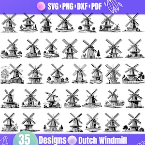 May include: 35 black and white illustrations of Dutch windmills. Each windmill is depicted in a different style, with some featuring additional details like trees, houses, and fences. The illustrations are perfect for crafting projects, digital designs, and more.