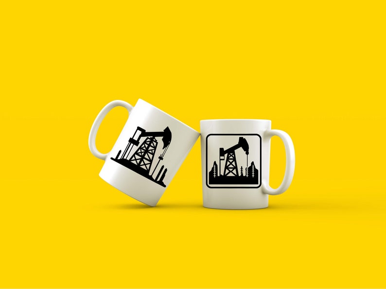 May include: Two white ceramic mugs with black silhouettes of oil derricks. One mug has a simple silhouette, while the other has a silhouette inside a square.
