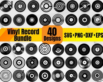 May include: A set of 40 black and white vinyl record designs. The designs are in a variety of styles, including simple circles, concentric circles, and more complex patterns. The text "Vinyl Record Bundle 40 Designs SVG - PNG - DXF - EPS" is at the bottom of the image.