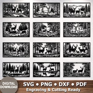 May include: A collection of black laser-cut metal wall art panels featuring deer in various forest scenes. Each panel showcases a different composition of deer, trees, and foliage, creating a nature-themed decorative set. The panels are designed for engraving and cutting.