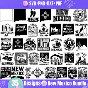 Lot SVG Nouveau-Mexique | 35 modèles de l'État du Nouveau-Mexique | Pays des enchantements, symbole Zia, piment, fichiers Cricut Cut, citations