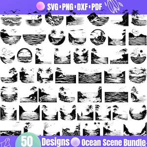 May include: A set of 50 black and white ocean scene designs. The designs feature various elements such as waves, palm trees, cliffs, and birds. The designs are perfect for creating crafts, cards, and other projects.