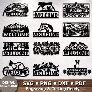 Puede incluir: Una colección de letreros de bienvenida de metal negro con varios diseños, incluyendo un pez, una vaca, un girasol, montañas, un caballo, un ciervo, hojas de arce, delfines, un gato, pájaros y un perro. Listos para grabar y cortar.