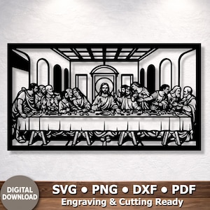 Puede incluir: Una pieza de arte mural de metal negro cortado con láser que representa La Última Cena, con una figura central sentada en una mesa larga con doce personas, enmarcada por arcos arquitectónicos y un borde rectangular.