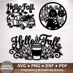 Hello Fall SVG bundle, autumn pumpkin truck coffee wall art laser cut file