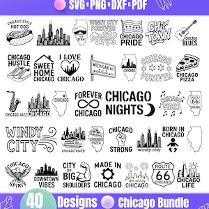 Könnte beinhalten: Eine Sammlung von 40 Chicago-Designs in Schwarz und Weiß. Die Designs umfassen ikonische Wahrzeichen von Chicago, Sätze wie "Windy City Forever" und Bilder von Hotdogs, Pizza und einer Gitarre. Der Text "Chicago Bundle" ist ebenfalls vorhanden.