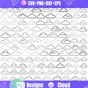 Op de afbeelding: Een verzameling van 120 wolkontwerpen in zwart en wit. De afbeelding bevat verschillende wolkvormen, van eenvoudige contouren tot gedetailleerde illustraties met regen en zon. Tekst bovenaan luidt "SVG PNG DXF EPS" en onderaan "120 Designs Cloud".