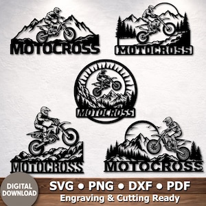 Peut inclure: Cinq motifs noirs en silhouette représentant des pilotes de motocross sur des motos tout-terrain dans des paysages montagneux avec des pins et des soleils. Chaque graphique inclut le texte MOTOCROSS en police grasse à la base.