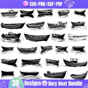 May include: A set of 30 black and white silhouette designs of dory boats. The boats are in various styles and sizes, some with oars and some with cabins. The designs are perfect for crafting projects, scrapbooking, or digital design.