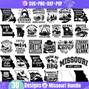 Missouri SVG Bündel | 30 Missouri State Designs | Triff mich in St. Louis | Show Me Zustand, Ozarks, Blues, Cricut Cut Dateien, Kartenumriss