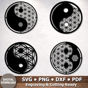 Puede incluir: Cuatro diseños negros de Yin Yang con un patrón de la Flor de la Vida. Los diseños circulares presentan un equilibrio de blanco y negro, con intrincados detalles geométricos. La imagen incluye el texto "DESCARGA DIGITAL" y opciones de tipo de archivo.