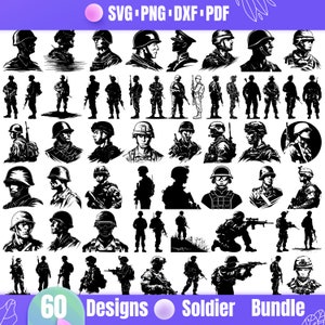 Könnte beinhalten: Ein Set mit 60 Schwarzweiß-Silhouetten-Designs von Soldaten in verschiedenen Posen. Die Designs beinhalten Soldaten, die stehen, knien und Waffen halten. Die Designs sind perfekt zum Erstellen von Bastelarbeiten, zum Scrapbooking oder für digitale Projekte.