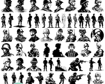 May include: A set of 60 black and white silhouette designs of soldiers in various poses. The designs include soldiers standing, kneeling, and holding weapons. The designs are perfect for creating crafts, scrapbooking, or digital projects.