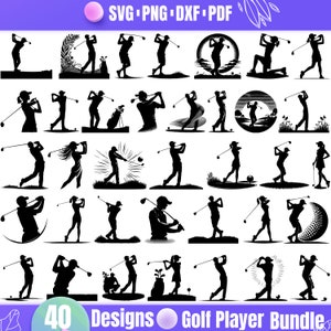 Op de afbeelding: Een set van 40 zwart-witte silhouetontwerpen van golfers in verschillende poses. De ontwerpen zijn perfect voor het maken van knutselwerk, logo's of andere projecten.