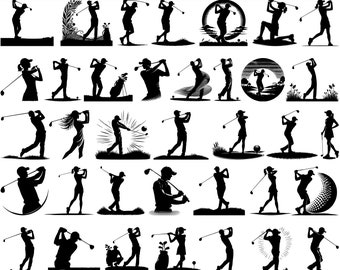 May include: A set of 40 black and white silhouette designs of golfers in various poses. The designs are perfect for creating crafts, logos, or other projects.