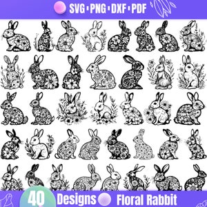 May include: A set of 40 black and white digital designs featuring floral rabbits. The rabbits are in various poses and have intricate floral patterns.