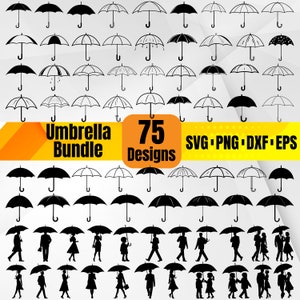 Paquete SVG de paraguas / 75 diseños de paraguas y siluetas de personas caminando para Cricut y corte láser / Clipart de día lluvioso / SVG, PNG, DXF, EPS