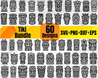 Tiki Mask SVG Bundle - 60 Designs, Tiki Totem SVG for Cricut, Polynesian Tribal Clipart, Hawaiian Luau Party Decor,Tiki Bar Vector Cut Files