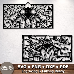 Graffiti SVG-paket för laserskärning, gatukonst DXF, urban hoodie-väggkonst