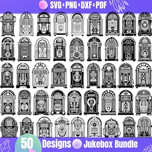 May include: Black and white illustrations of 50 vintage jukebox designs. The image includes the text "SVG PNG DXF PDF" at the top and "50 Designs Jukebox Bundle" at the bottom, all in a retro style.