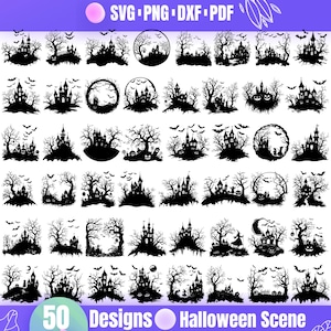 May include: A set of 50 black and white Halloween scene designs featuring a haunted house, trees, bats, pumpkins, and a crescent moon.  The designs are perfect for creating spooky Halloween crafts, decorations, and party supplies.