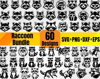 May include: A set of 60 black and white raccoon illustrations in various poses. The illustrations are in SVG, PNG, DXF, and EPS formats. The text "Raccoon Bundle 60 Designs SVG PNG DXF EPS" is at the top of the image.