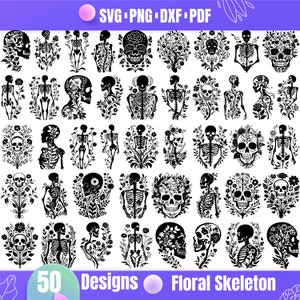 Op de afbeelding: 50 zwart-witte ontwerpen van bloemenskeletten. De skeletten staan in verschillende poses, waaronder staand, zittend en liggend. Sommige skeletten dragen bloemen in hun haar of om hun nek. De ontwerpen zijn perfect voor gebruik in knutselen, scrapbooking of andere creatieve projecten.