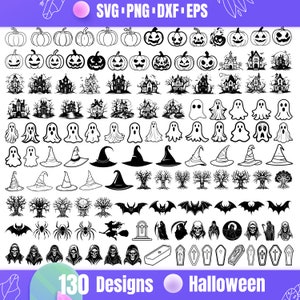 May include: A collection of 130 Halloween-themed designs in SVG, PNG, DXF, and EPS formats. The black and white illustrations include pumpkins, haunted houses, ghosts, witch hats, trees, bats, spiders, and grim reapers.