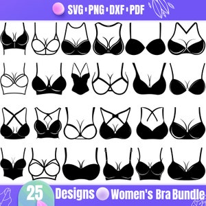 May include: A set of 25 black and white bra designs. The designs are in a variety of styles, including strapless, push-up, and sports bras.  25 Designs Women's Bra Bundle