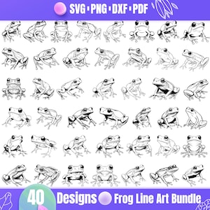 May include: A collection of 40 black and white frog designs in various poses. The image includes the text "SVG PNG DXF PDF" at the top and "40 Designs Frog Line Art Bundle" at the bottom, all in a purple and green color scheme.
