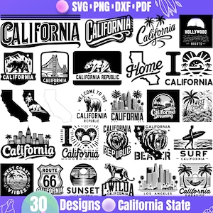 Peut inclure: Une collection de 30 designs vectoriels en noir et blanc représentant diverses illustrations sur le thème de la Californie. Les designs comprennent du texte, des icônes et des images de palmiers, d'ours, du Golden Gate Bridge et de l'enseigne d'Hollywood. Le texte comprend des phrases comme "California Republic", "West Coast Vibes", "Route 66" et "Sunset California".