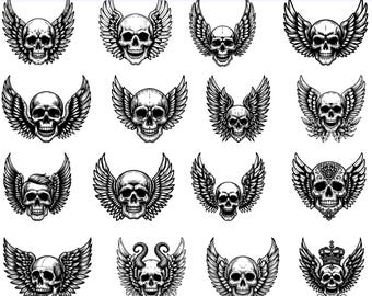 SVG-bundel Skull with Wings – Gothic gevleugelde schedel-clipart voor tatoeages, motorrijders, rotskunst, T-shirt en Cricut Crafts