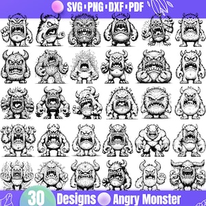 30 Angry Monster Bundle SVG | Scary Monster Vector Clipart | Digital Halloween and Horror Illustrations